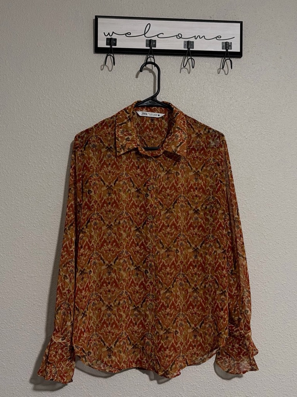 Zara Men Long-Sleeve Rust and Mustard Printed Button-Down Shirt